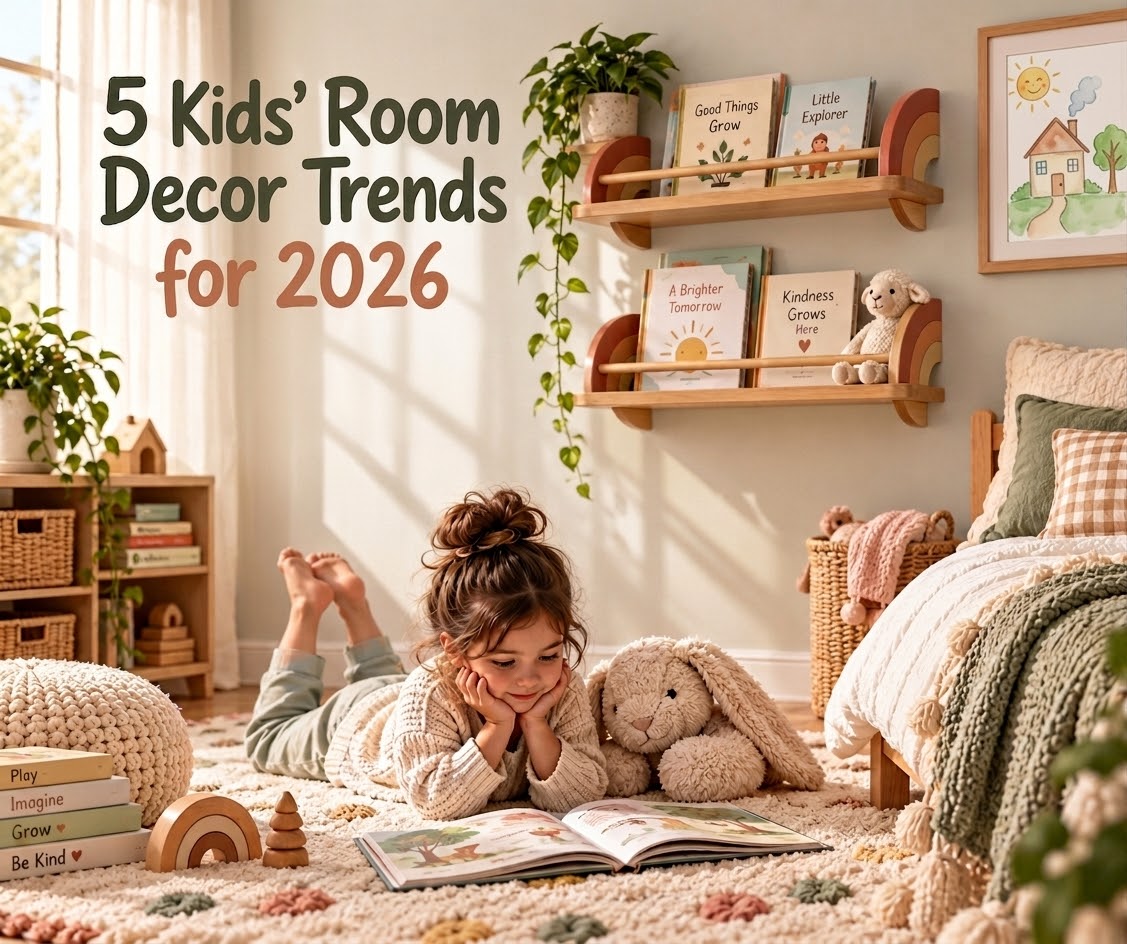 Cozy Montessori-inspired kids' bedroom with natural wood shelving and neutral tones