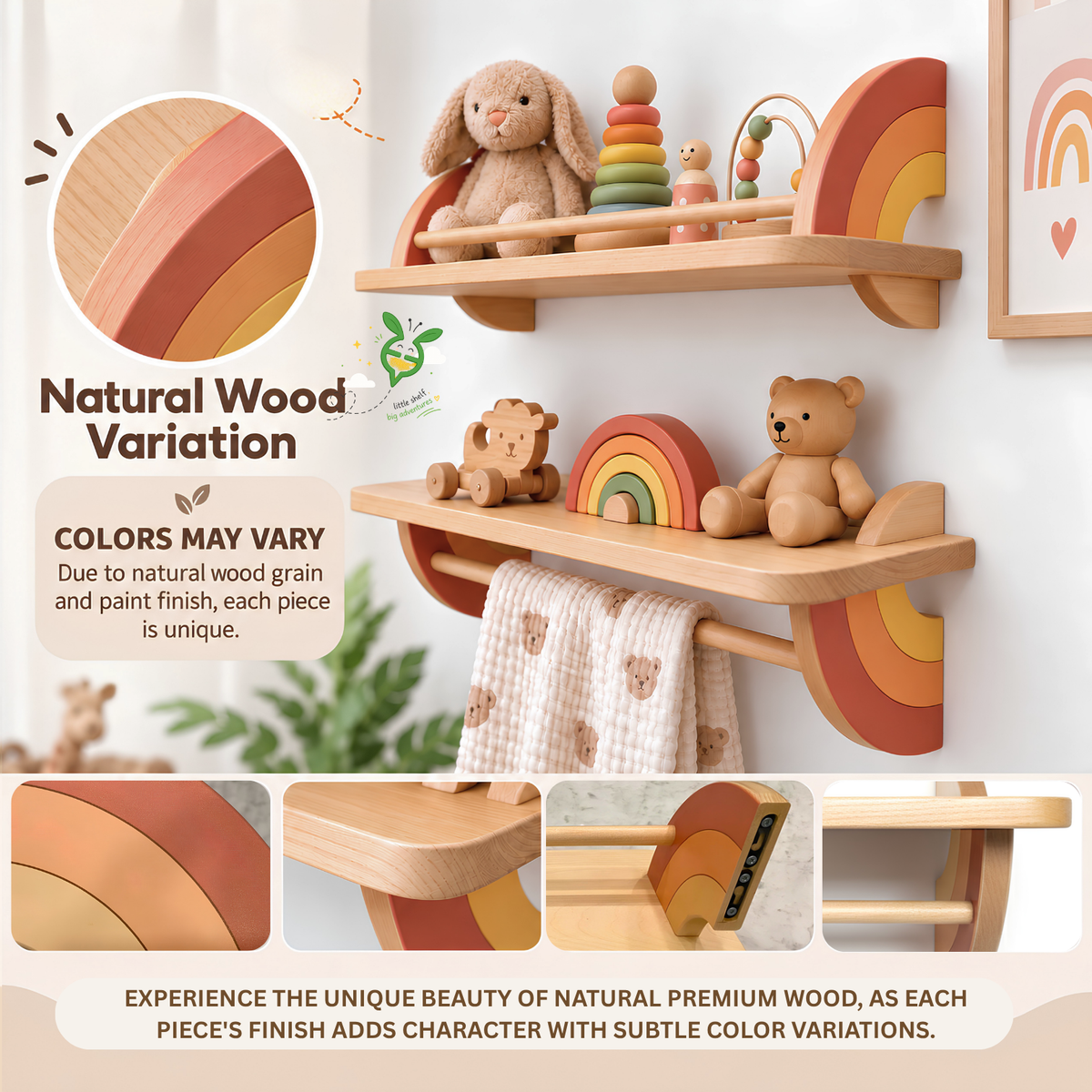 Rainbow Floating Shelves for Nursery – Montessori Wall Shelf Set of 2