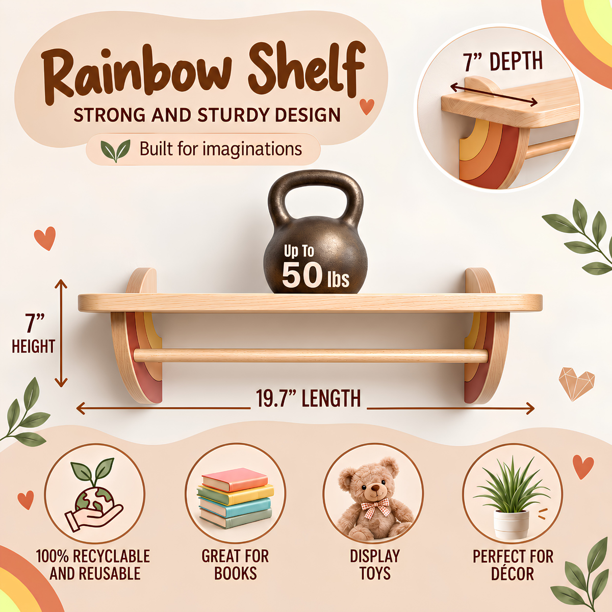 Rainbow Floating Shelves for Nursery – Montessori Wall Shelf Set of 2